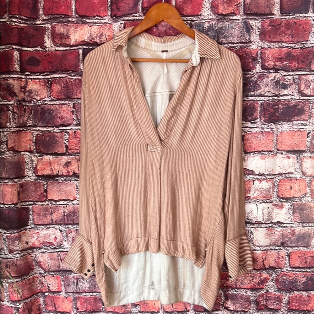 Free People Red and Cream Relaxed Ribbed Top